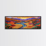 Desert River Sunset, Bold Nature Painting, Vibrant Landscape, Fall Wall Decor, Earthy Living Room Framed Canvas Print, Beach House Wall Art