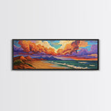 Peaceful Coastal Beach, Colorful Sunset Clouds, Tranquil Ocean Scene, Relaxing Bedroom Wall Art Framed Canvas Print, Bedroom Wall Decor
