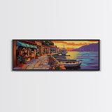 Harbor Village Sunset, Vibrant Coastal Town Painting, Mediterranean Art, Kitchen or Hallway Decor Framed Canvas Print, Beach House Wall Art