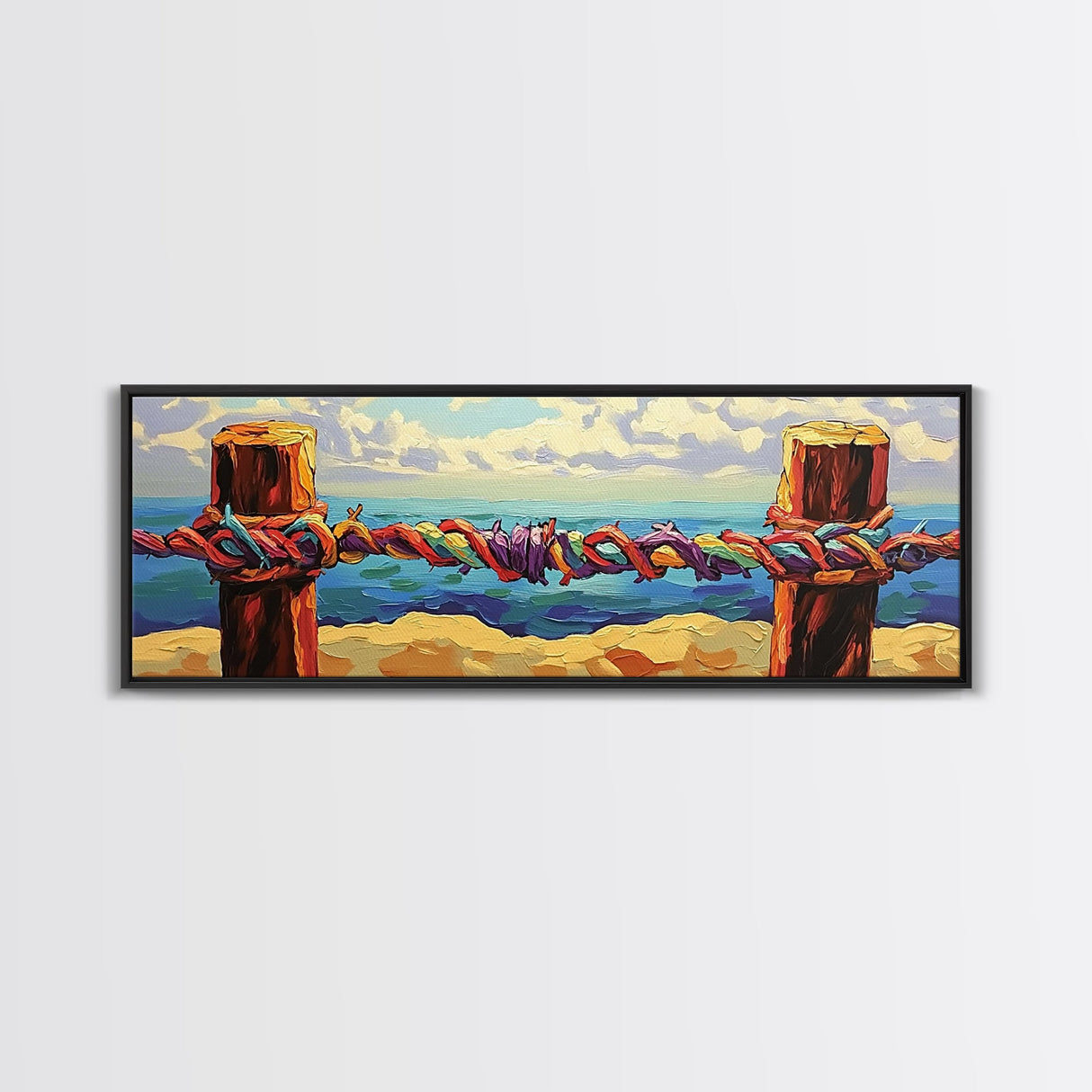Nautical Rope Painting, Coastal Wall Decor, Canvas Print, Colorful Ocean View, Rustic Beach House Art, Nautical Bathroom Accent