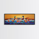 Ducks On Waves, Colorful Animal Art, Whimsical Sunset, Floral Ocean Scene, Canvas Print, Fun Kitchen Art, Kids Room Wall Art