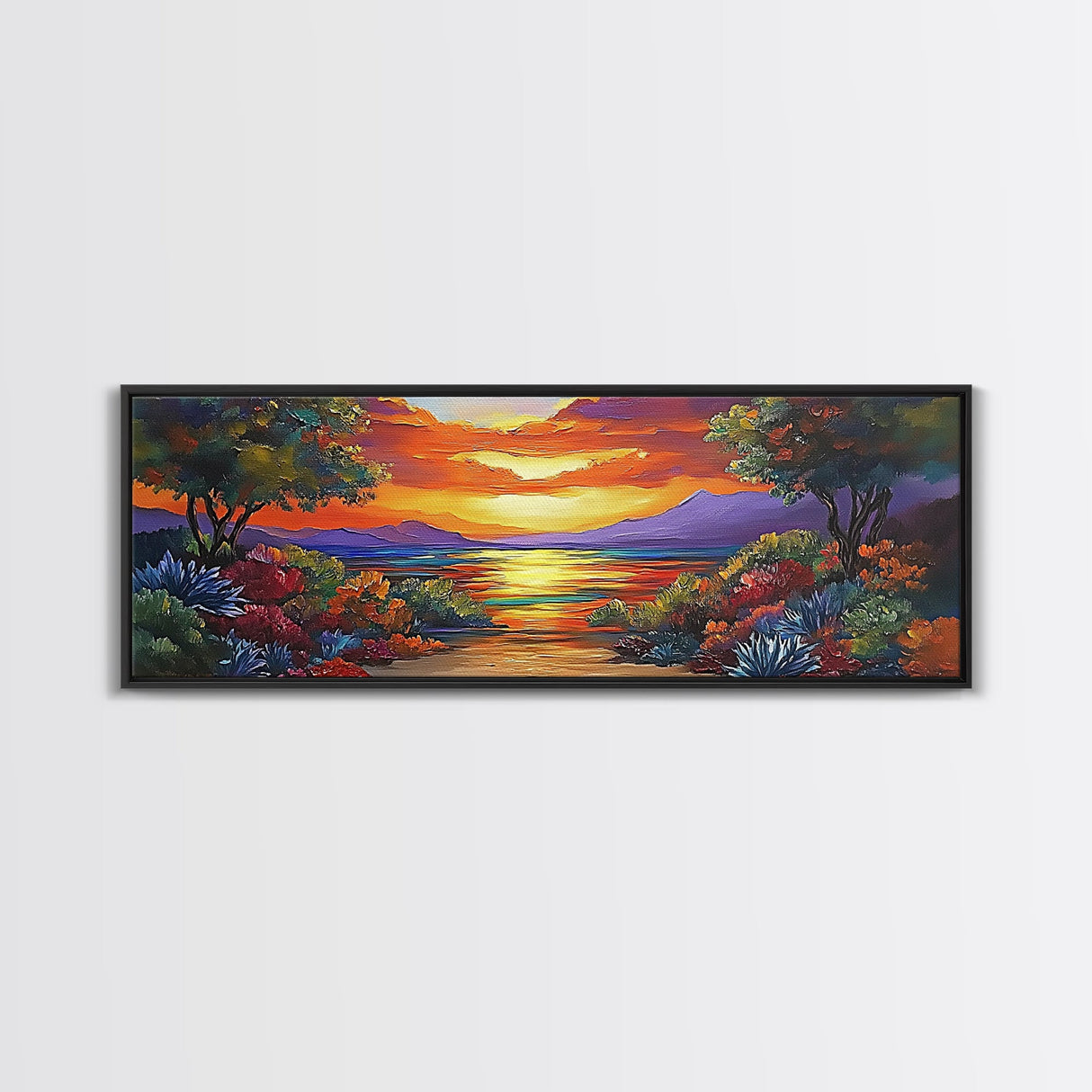 Tropical Sunset, Coastal Trees, Vibrant Horizon, Colorful Evening, Canvas Print, tropical paradise wall art, sunset lover gift