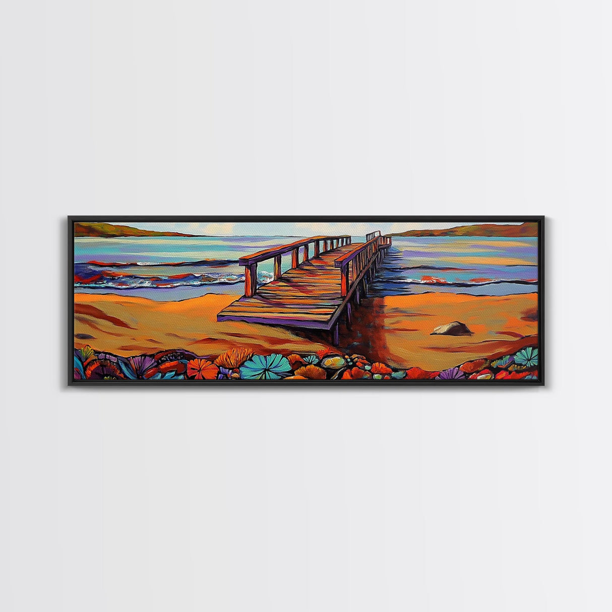 Seaside Pier, Vibrant Coast, Beach View, Framed Canvas Print, coastal artwork, beach house decor, summer vibes, living room art