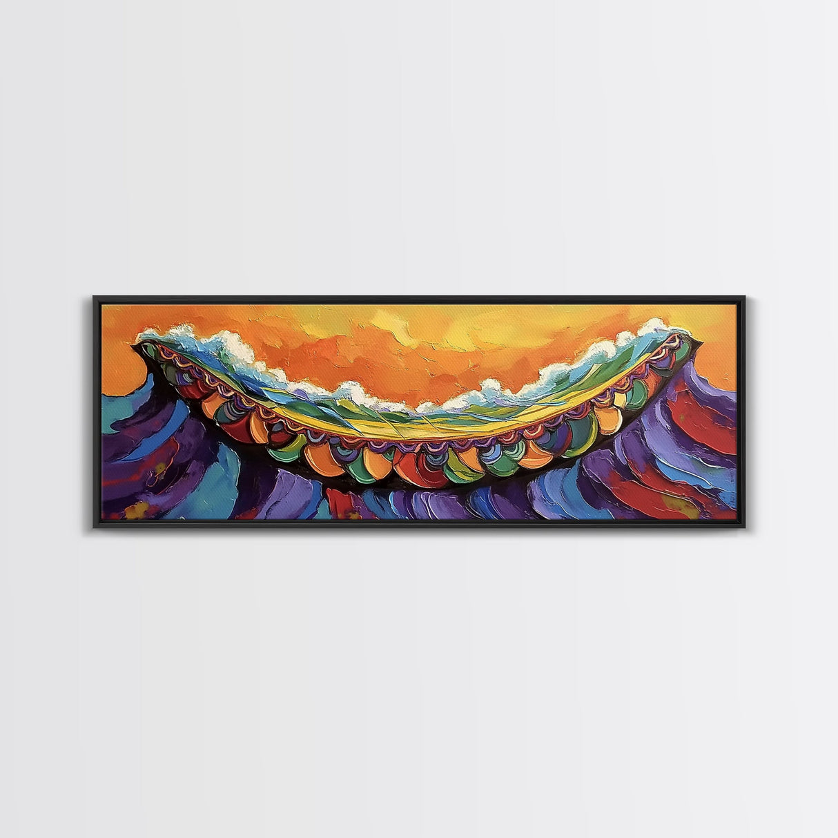 Carnival Wave, Festive Ocean, Playful Waters, Framed Canvas Print, beach bathroom art, coastal fun painting, surf wall decor