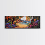 Secluded Beach Painting, Colorful Coastal Trees, Tropical Shoreline View, Framed Canvas Print, Relaxing Bathroom Art, Boho Bedroom
