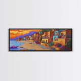 Seaside Village Sunset, Colorful Coastal Homes, Vibrant Ocean View, Framed Canvas Print, Beach House Decor, Bohemian Art