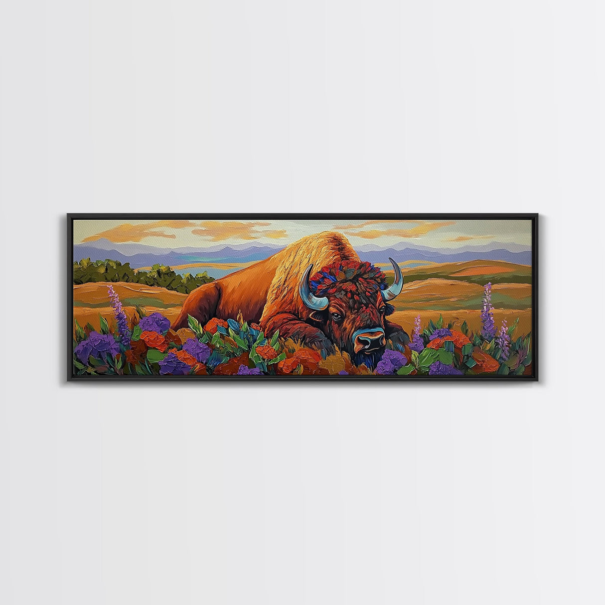 Resting Bison, Sunset Plains, Prairie Wildflowers, Framed Canvas Print, Autumn Decor, Western Wall Art, Cabin Living Room Accent