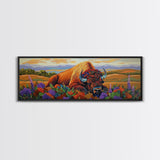 Resting Bison, Sunset Plains, Prairie Wildflowers, Framed Canvas Print, Autumn Decor, Western Wall Art, Cabin Living Room Accent