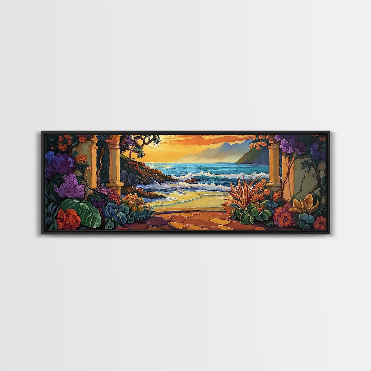 Ocean Escape, Sunset Garden, Floral Coastal Scene, Mediterranean Vibes, Framed Canvas Print, Kitchen Wall Art, Bold Color Artwork