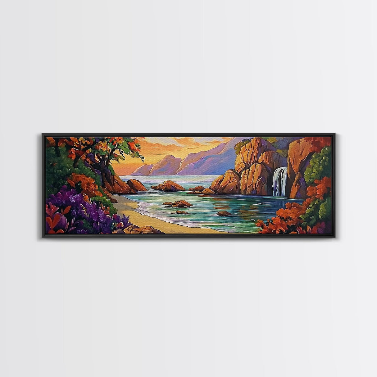 Waterfall Cove, Sunset Seascape, Tropical Paradise, Nature Retreat, Framed Canvas Print, Bathroom Wall Art, Vibrant Coastal Art