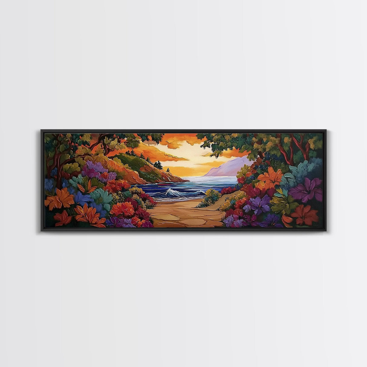 Beach View, Sunset Flowers, Coastal Path, Summer Decor, Framed Canvas Print, Bedroom Wall Art, Bright Floral Landscape Art