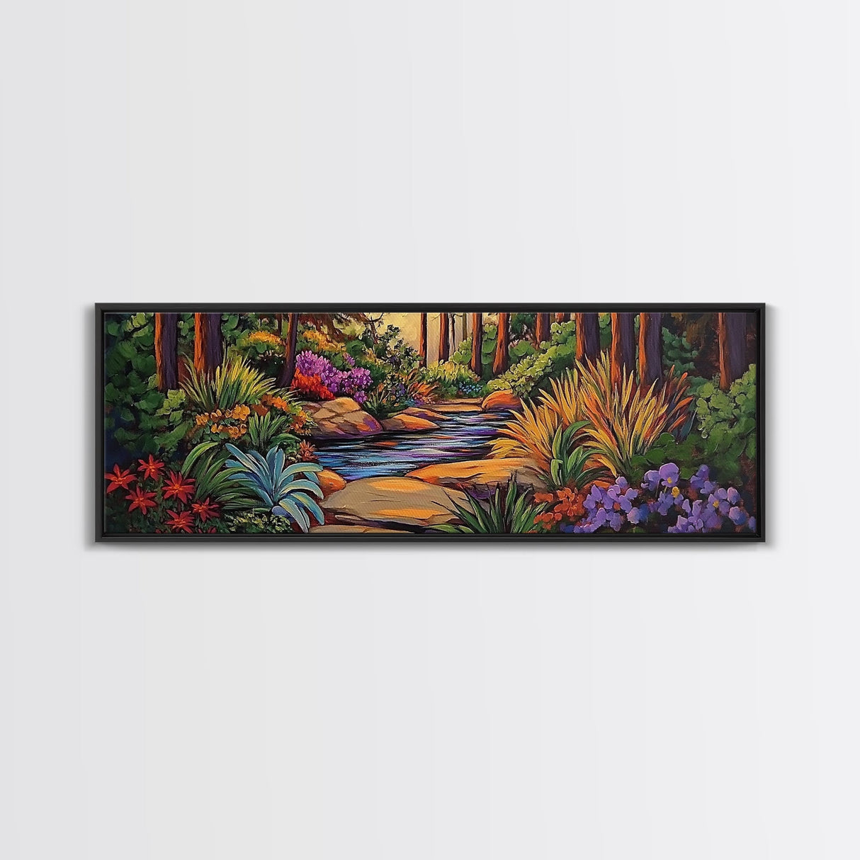 Woodland Path, Peaceful Stream, Vibrant Forest, Tranquil Nature, Framed Canvas Print, Office Wall Art, Nature Trail Decor