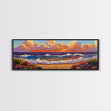Beach Sunset, Gentle Waves, Cotton Clouds, Summer Calm, Framed Canvas Print, Coastal Wall Art, Soft Pastel Ocean Landscape