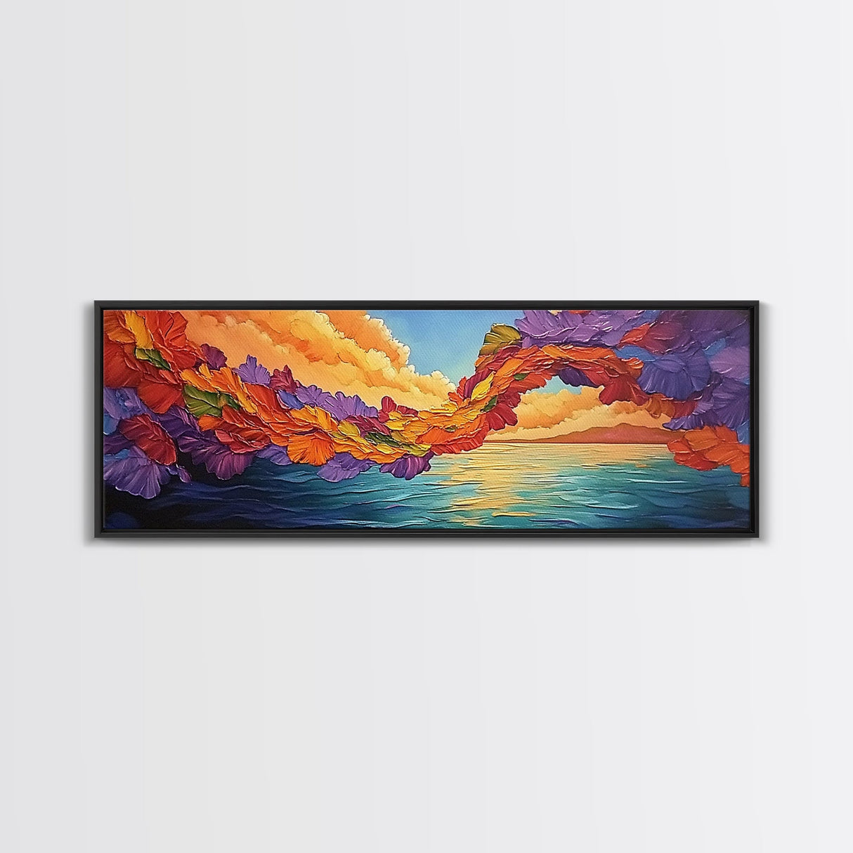 Flower Archway, Colorful Sky, Seaside Sunset, Whimsical Decor, Framed Canvas Print, Romantic Living Room Wall Art