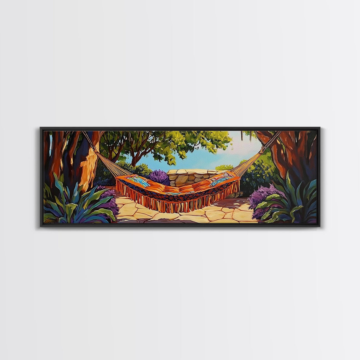 Hammock Retreat View, Relaxing Outdoor Space, Nature Art, Framed Canvas Print, summer art, patio decor, boho style, bedroom wall