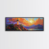 Lighthouse Sunset, Coastal Path, Mountain Horizon, Framed Canvas Print, nautical wall art, romantic sunset, boho living room decor