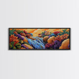 Waterfall Garden Scene, Colorful Floral Cascade, Fantasy Nature Artwork, Framed Canvas Print, Vibrant Bathroom or Entryway Art