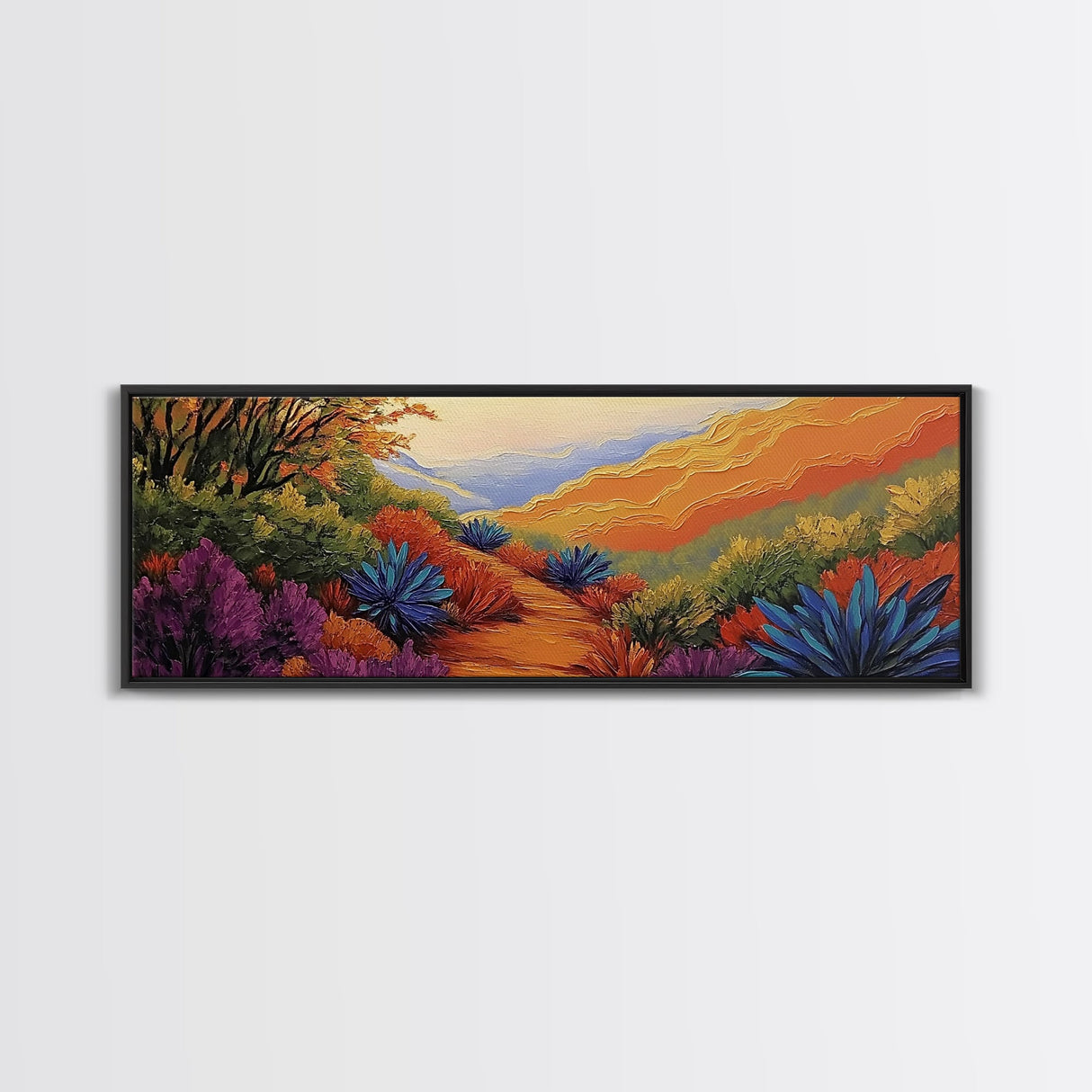 Vibrant Desert Path, Bold Landscape Painting, Agave and Sunset View, Framed Canvas Print, Southwest Kitchen or Hallway Wall Art