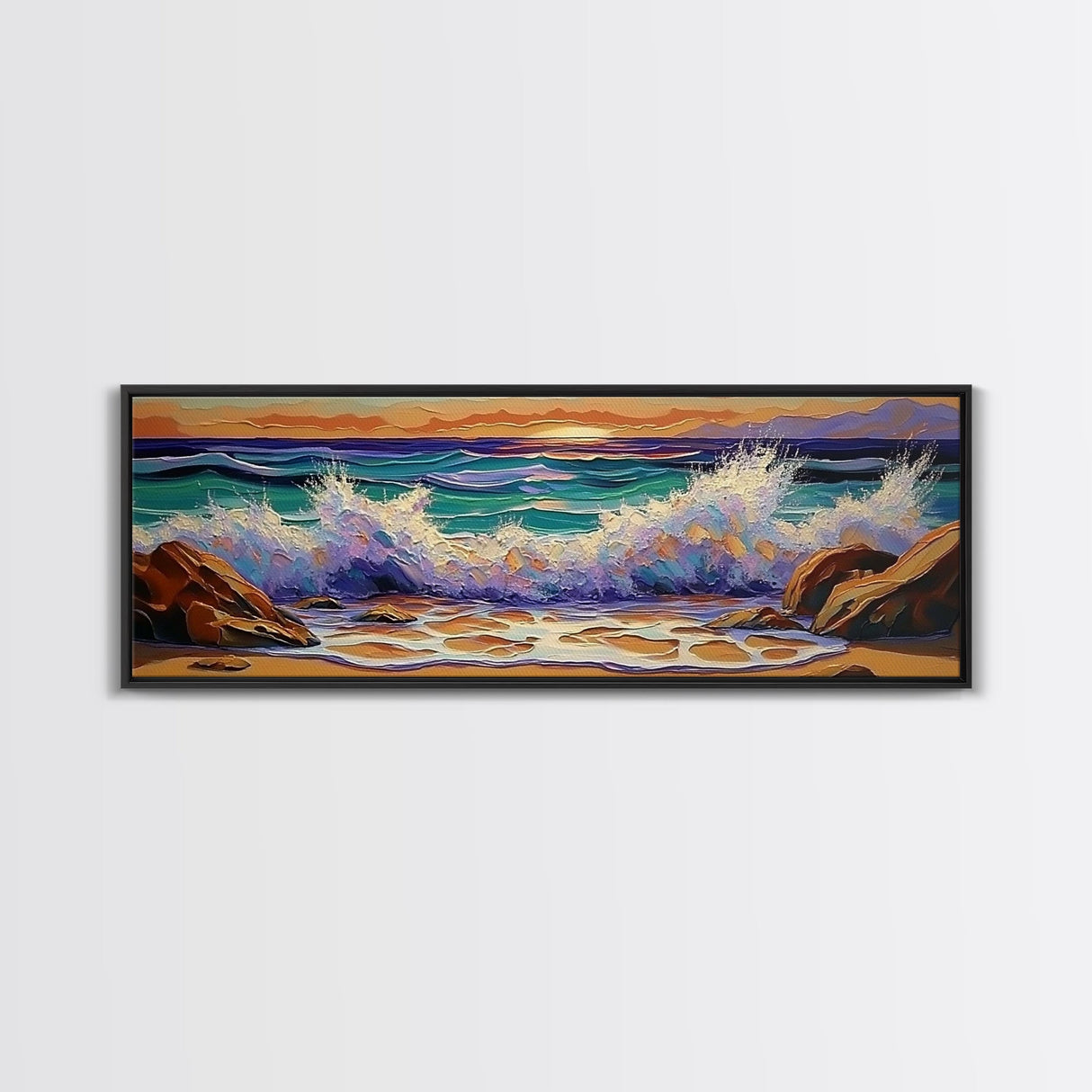 Crashing Waves Sunset, Seaside Landscape Art, Modern Beach Wall Decor, Living Room Accent, Framed Canvas Print, Coastal Vibes