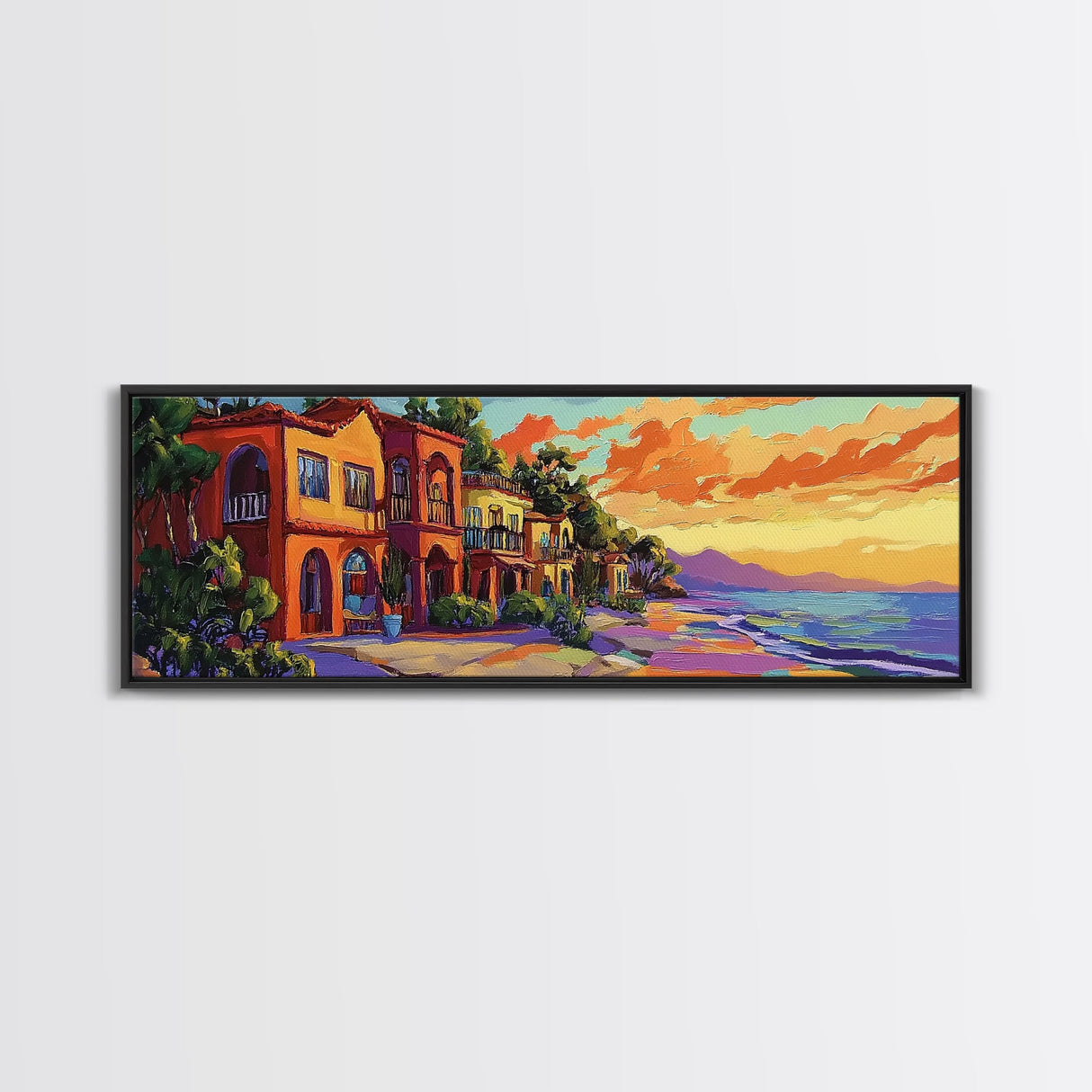 Coastal Village Sunset, Beach House Art, Vibrant Colorful Home Decor, Tropical Wall Style, Framed Canvas Print, Vacation Vibes