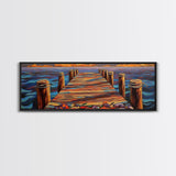 Wooden Dock Sunset, Ocean Pier Painting, Tranquil Seascape Decor, Nautical Beach House Style, Framed Canvas Print