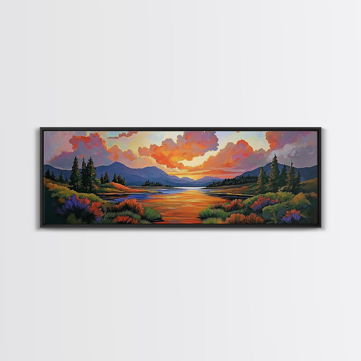 Sunset River, Nature Glow, Autumn Lake, Canvas Print, colorful sunset landscape, rustic mountain scene, Fall decor, cabin wall art
