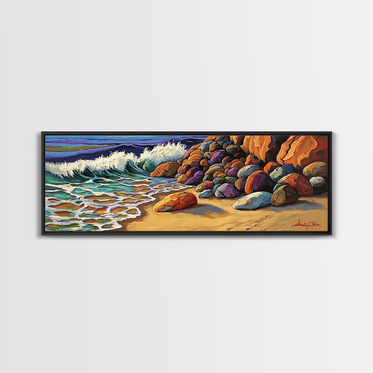 Rocky Shoreline Waves, Ocean Rocks Art, Seaside Spray, Framed Canvas Print, Bathroom Coastal Wall Art, Bold Beach Style, Nautical Decor