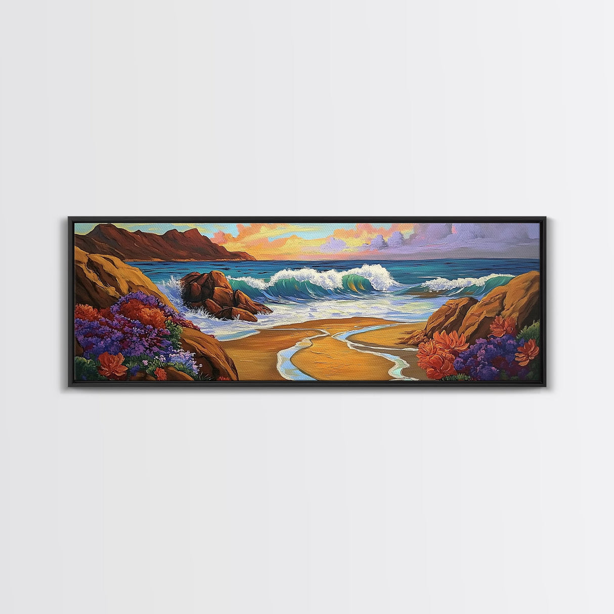 Coastal Wave, Bold Surf, Rocky Sunset, Flower Shoreline, Framed Canvas Print, Nautical Art, Bathroom Beach Landscape Decor