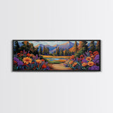 Wildflower Trail Art, Mountain Landscape, Framed Canvas Print, Nature Inspired Decor, Boho Living Room Wall Art, Vibrant Floral Scene