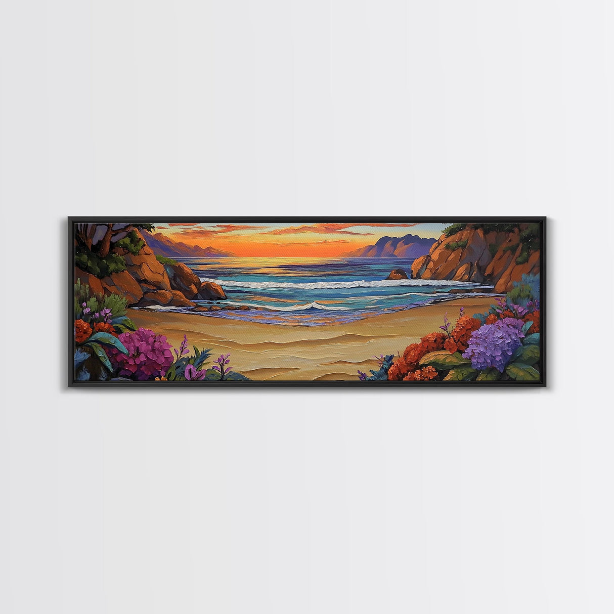 Tranquil Beach Sunset, Colorful Coastal Scene, Ocean Cliff View, Floral Accents, Framed Canvas Print, Dining Room art,  Office Art