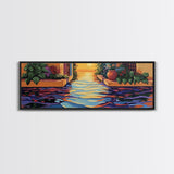 Sunset Canal Garden, Water Reflections, Warm Floral Courtyard, Framed Canvas Print, Kitchen Wall Art, Romantic Boho Artwork