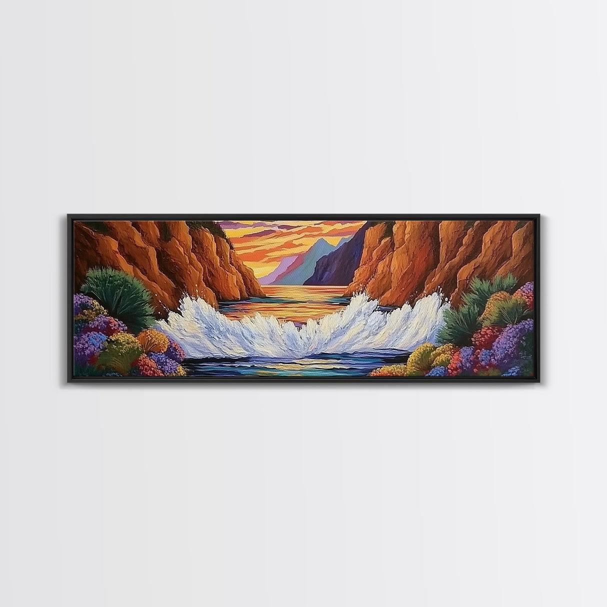 Ocean Splash, Sunset Cliffs, Nature Colors, Framed Canvas Print, Coastal Wall Art, Living Room Decor, Bold Landscape, Expressionist Art