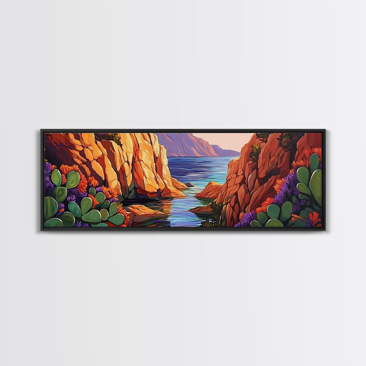 Cactus Cove View, Mountain Sunset, Desert Oasis, Framed Canvas Print, Boho Living Room Wall Art, Nature Inspired Art, Colorful Decor