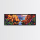 Cactus Cove View, Mountain Sunset, Desert Oasis, Framed Canvas Print, Boho Living Room Wall Art, Nature Inspired Art, Colorful Decor