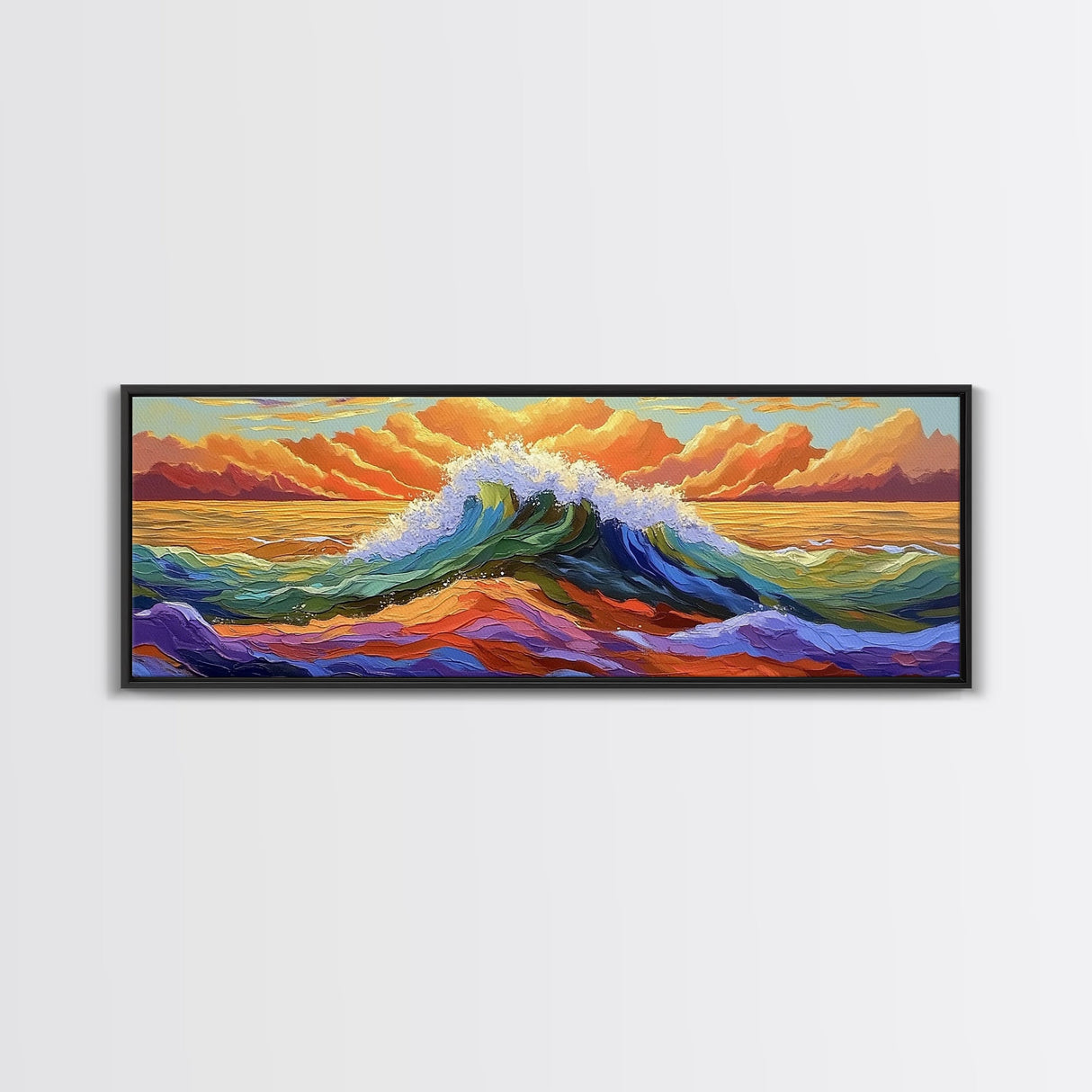 Vibrant Ocean Wave, Coastal Wall Art, Bold Sunset Seascape, Framed Canvas Print, Colorful Beach Decor, Nautical Bathroom Art