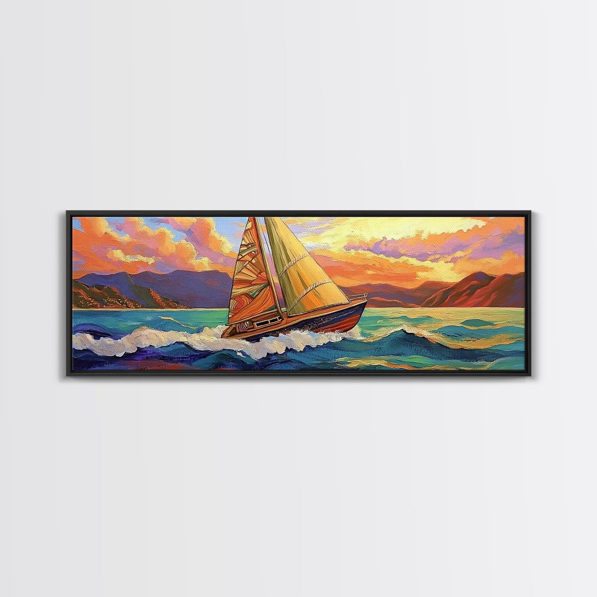 Sunset Sailboat, Coastal Art, Colorful Nautical Scene, Framed Canvas Print, Office Wall Decor, Sailing Gift, Ocean Wall Art