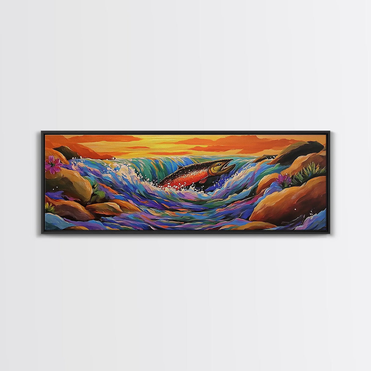 Leaping Salmon, River Fishing Scene, Wildlife Painting, Framed Canvas Print, Cabin Wall Art, Bold Nature Decor, Rustic Style