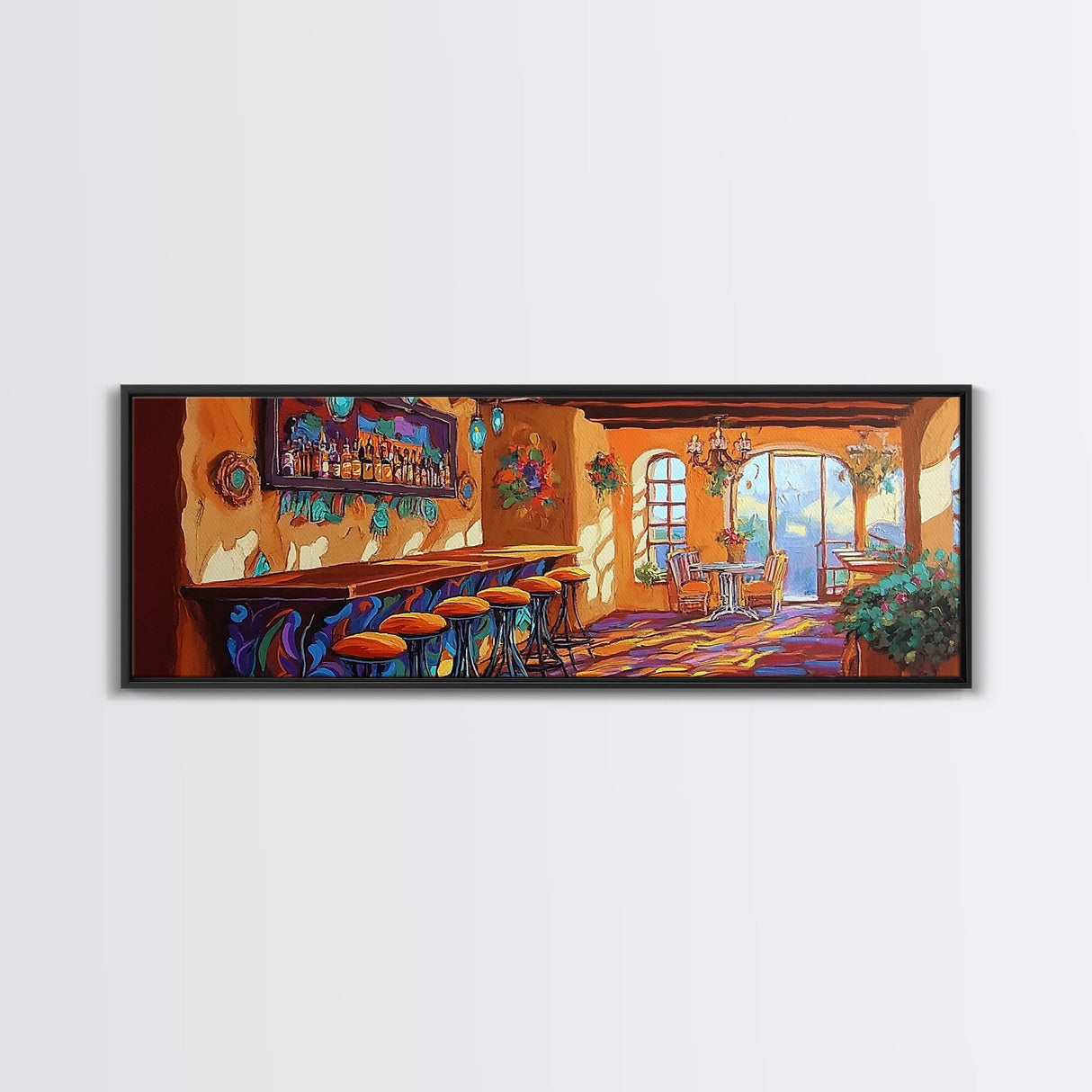 Rustic Cantina Interior, Mexican Bar Scene, Warm Home Decor, Framed Canvas Print, Dining Room Art, Cozy Southwestern Style