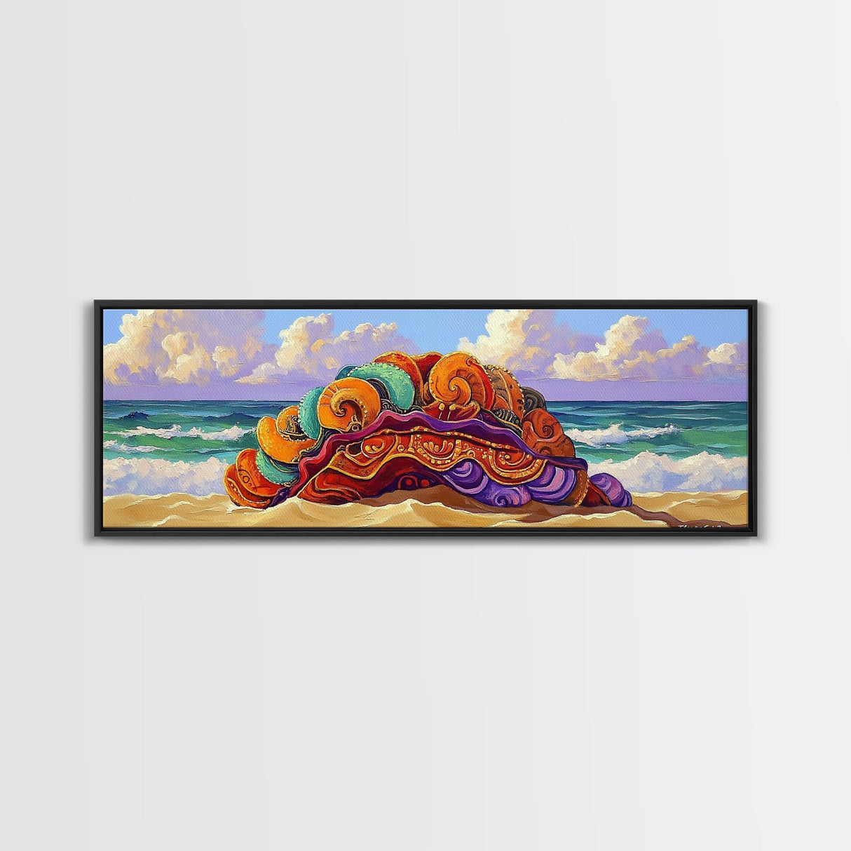 Vibrant Shell Art, Ocean Fantasy, Whimsical Beach, Nature Vibes Framed Canvas Print, Coastal Bathroom Art, Boho Sea Decor