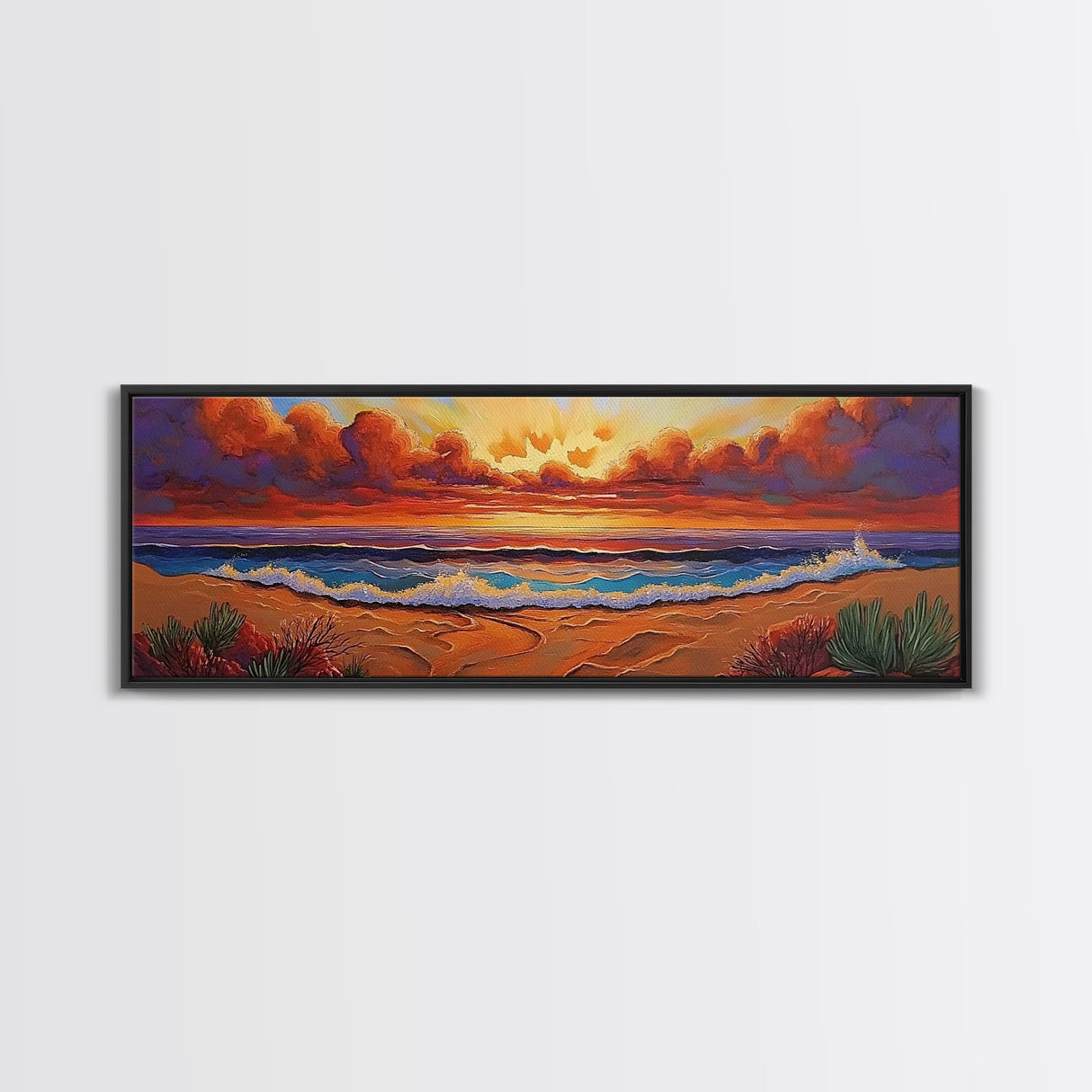 Sunset Coastline, Dramatic Sky, Evening Surf, Autumn Horizon Framed Canvas Print, Dining Room Wall Art, Moody Coastal Art
