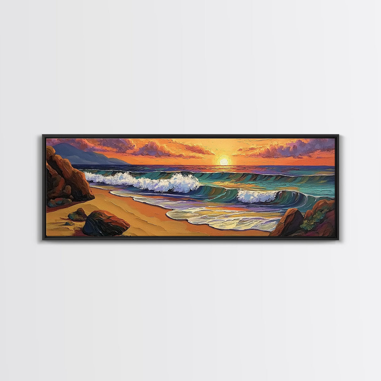 Sunset Beach, Coastal Rocks, Tranquil Shore, Golden Light, Framed Canvas Print beach house decor, minimalist landscape, bedroom art