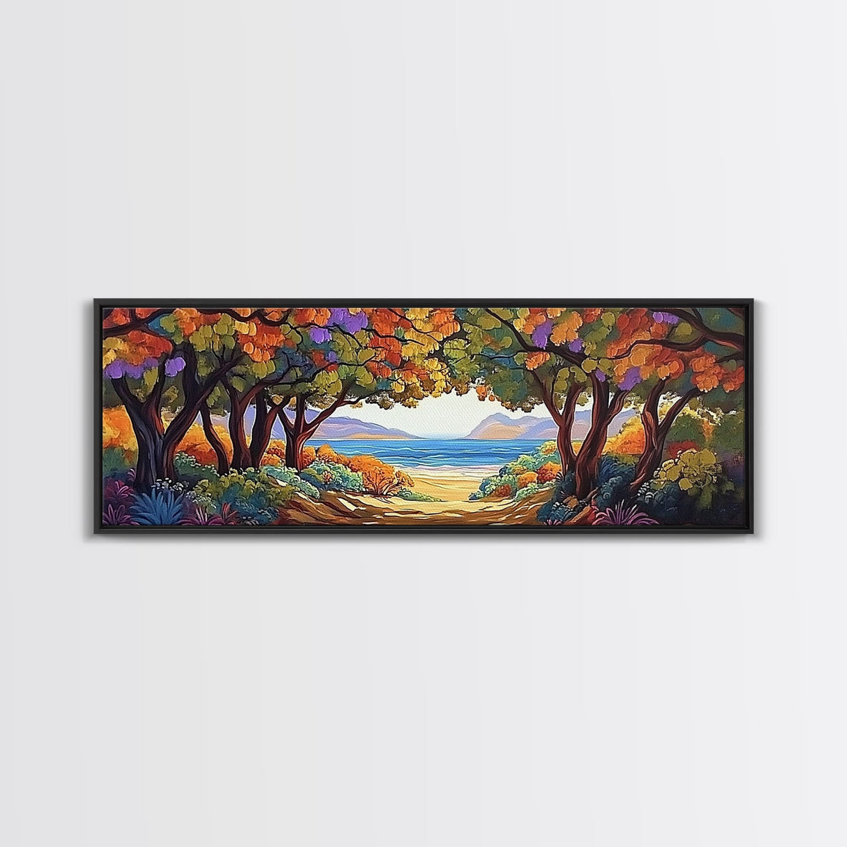 Seaside Trees, Autumn Canopy, Ocean View, Coastal Path, Framed Canvas Print colorful fall wall art, entryway decor, boho nature scene