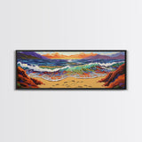 Sunset Shore View, Vibrant Ocean Wave, Footprints in Sand, Coastal Seascape Art, Framed Canvas Print, Beach House Wall Decor