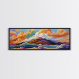 Mountain Coast, Color Clouds, Seaside Vibes, Framed Canvas Print, Tropical Landscape Art, Sunset Wall Decor, Bright Ocean Style
