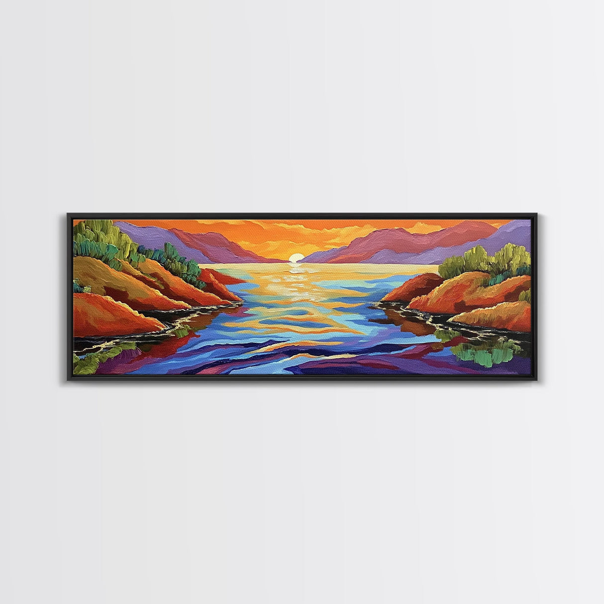 Sunset Lake, Mountain Reflection, Bold Colors, Canvas Print, Tranquil Landscape Art, Living Room Wall Decor, Nature Inspired Aesthetic