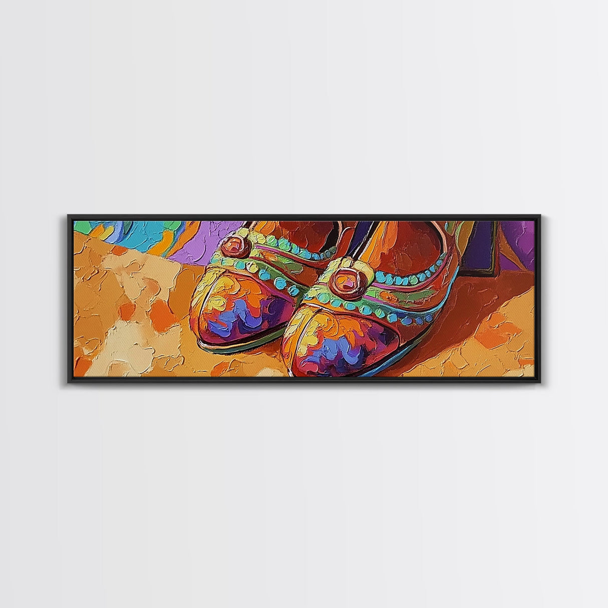 Fiesta Shoes, Mexican Style, Color Pop, Framed Canvas Print, Boho Fashion Wall Art, Entryway Accent Decor, Whimsical Art Style