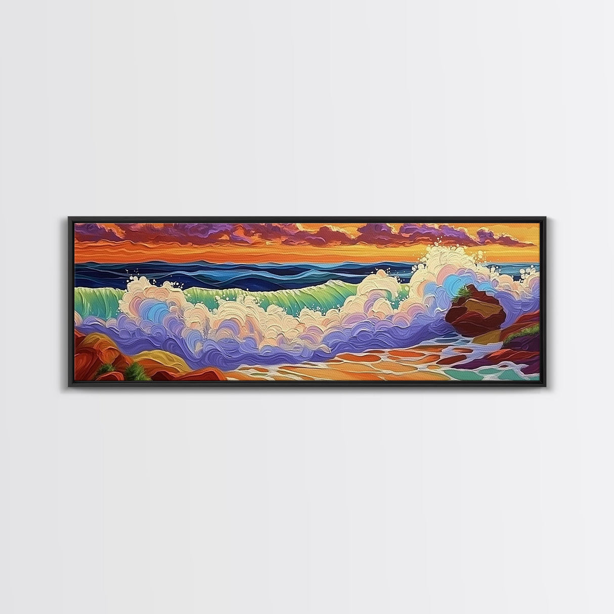 Ocean Waves, Splashing Surf, Bold Colors, Framed Canvas Print, Vibrant Coastal Wall Art, Bathroom Beach Decor, Tropical Ocean Vibes