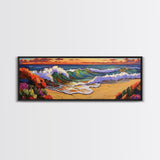 Ocean Curl, Autumn Surf, Sunset Beach, Floral Waves, Framed Canvas Print, Living Room Wall Art, Fall Coastal Painting, Bold Decor