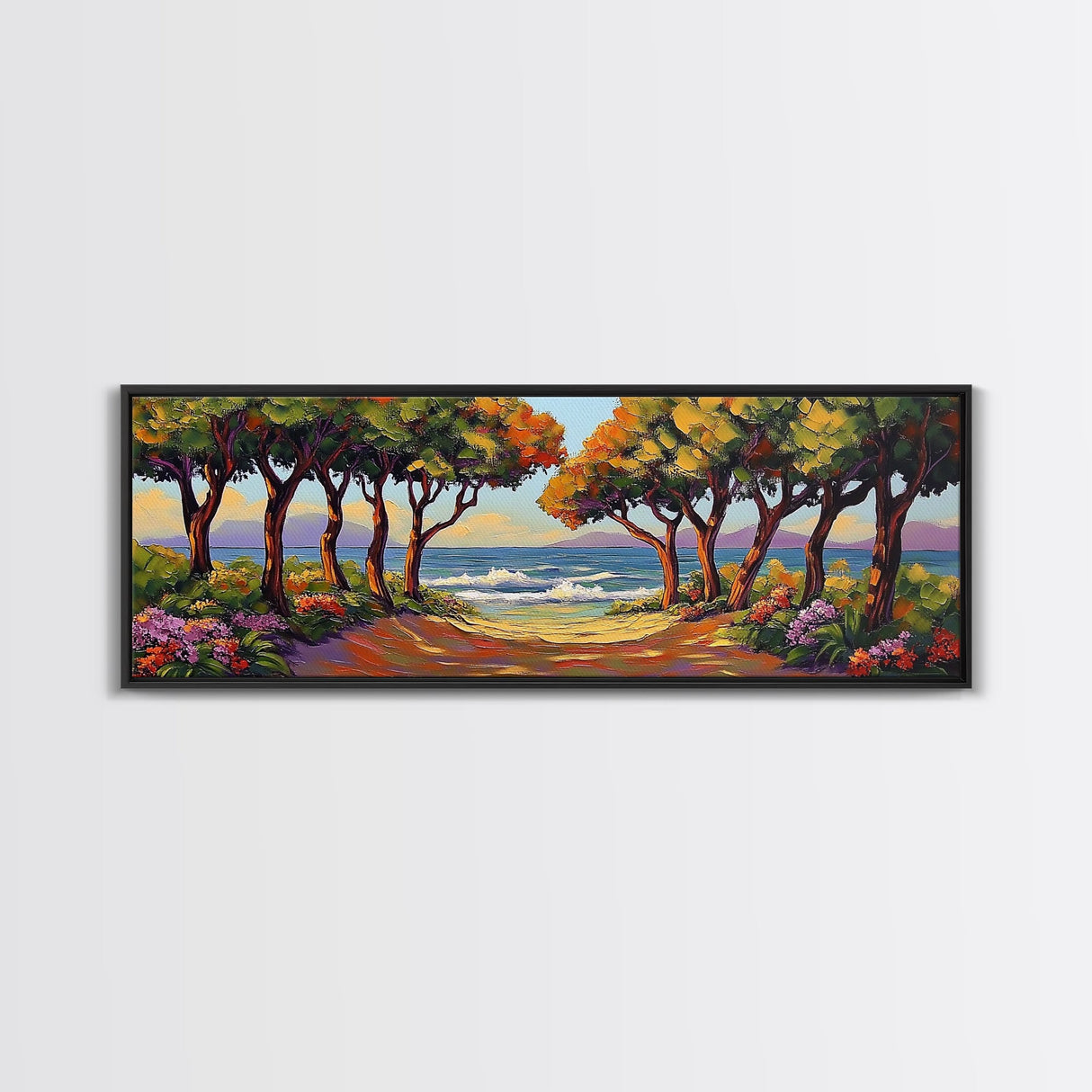 Coastal Trees, Ocean View, Beach Path, Vibrant Foliage, Framed Canvas Print, beach house decor, nature wall art, coastal living room style
