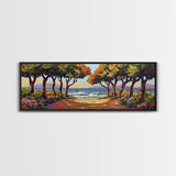 Coastal Trees, Ocean View, Beach Path, Vibrant Foliage, Framed Canvas Print, beach house decor, nature wall art, coastal living room style